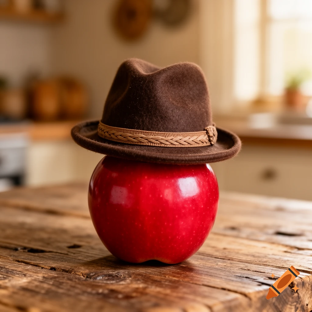 A vibrant red apple wearing a brown felt fedora hat, resting on a rustic wooden table in a sunlit kitchen.