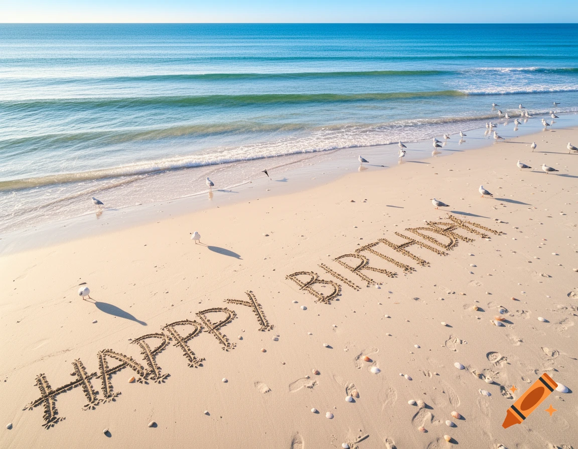 The words "HAPPY BIRTHDAY" are written in the sand on a sunny beach, with seagulls scattered around and blue ocean waves in the background.