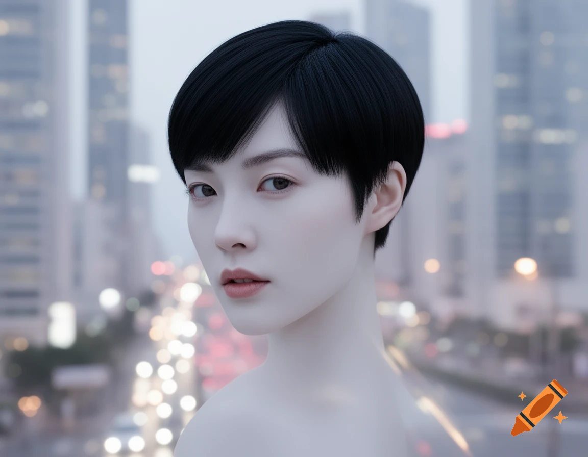A close-up portrait of a person with short black hair and pale skin looking forward, with a blurred cityscape and lights in the background.