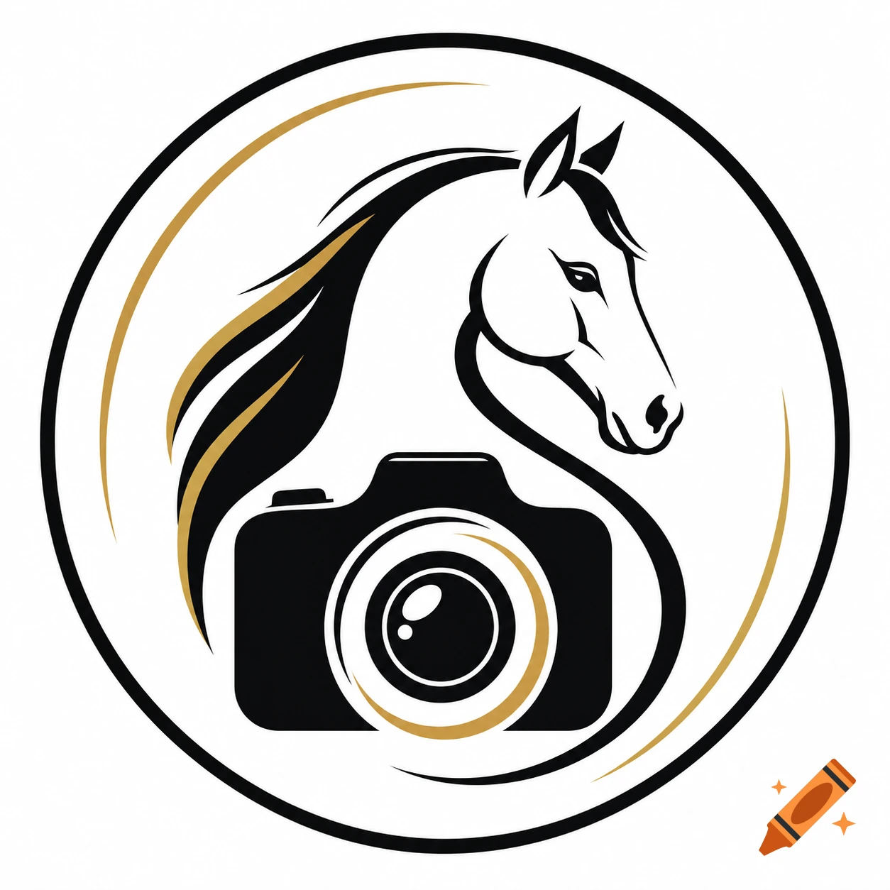 Minimalist round logo featuring a black and gold stylized horse head combined with a black camera icon.
