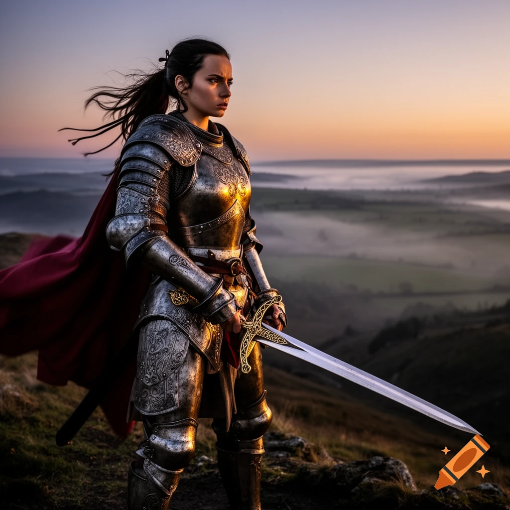 A fierce female warrior in detailed armor stands with a sword on a misty hilltop at sunset.