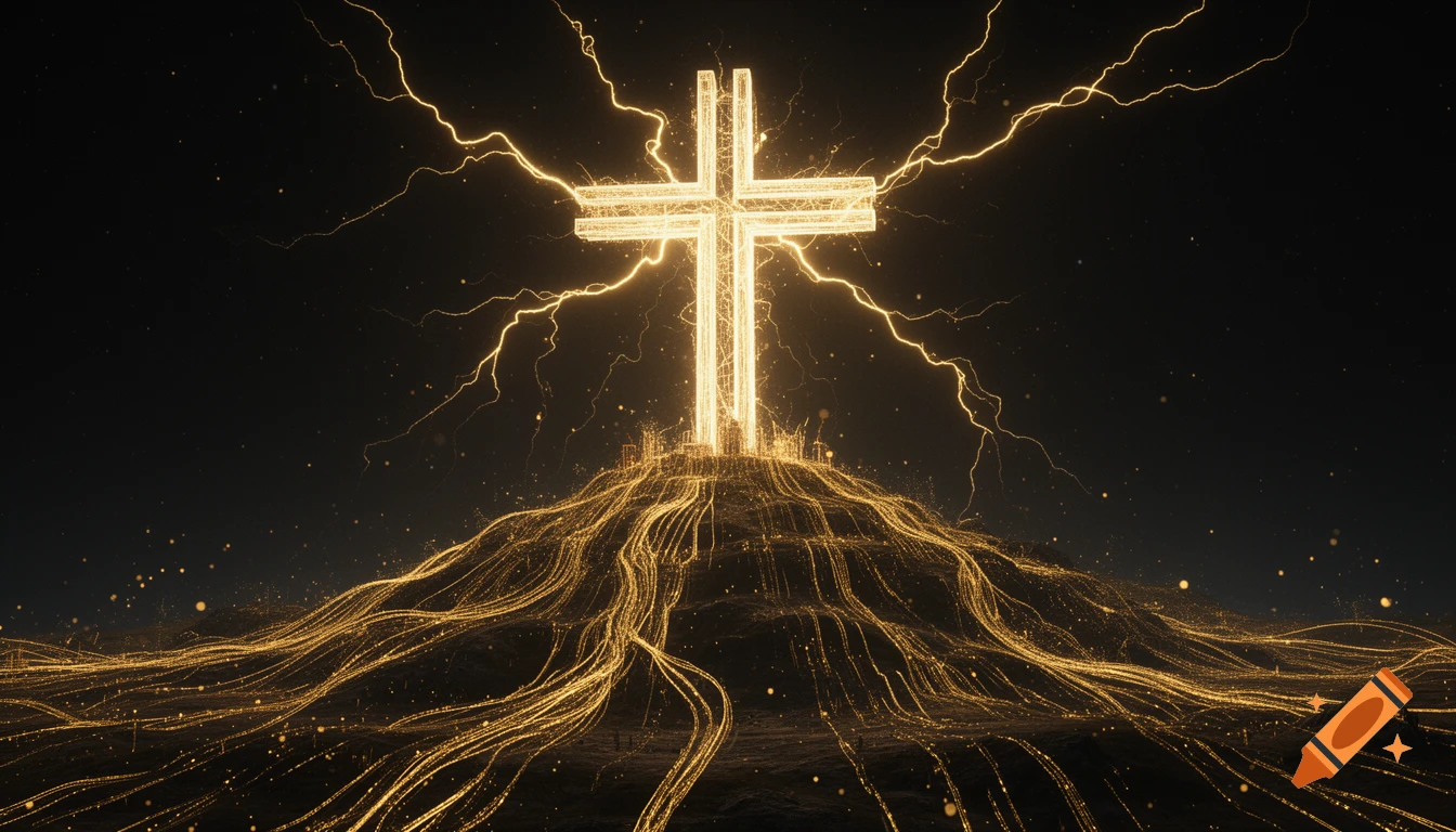 A radiant digital cross stands on a hill of golden data streams, discharging energy bolts into a dark, stormy sky.