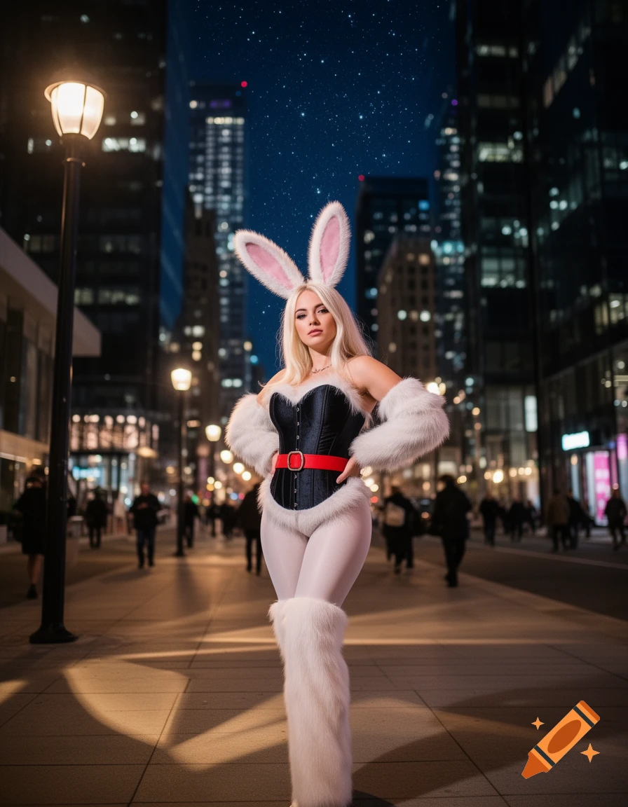 Photorealistic image of a woman in a black corset and white bunny costume with ears, posing on a city street at night.