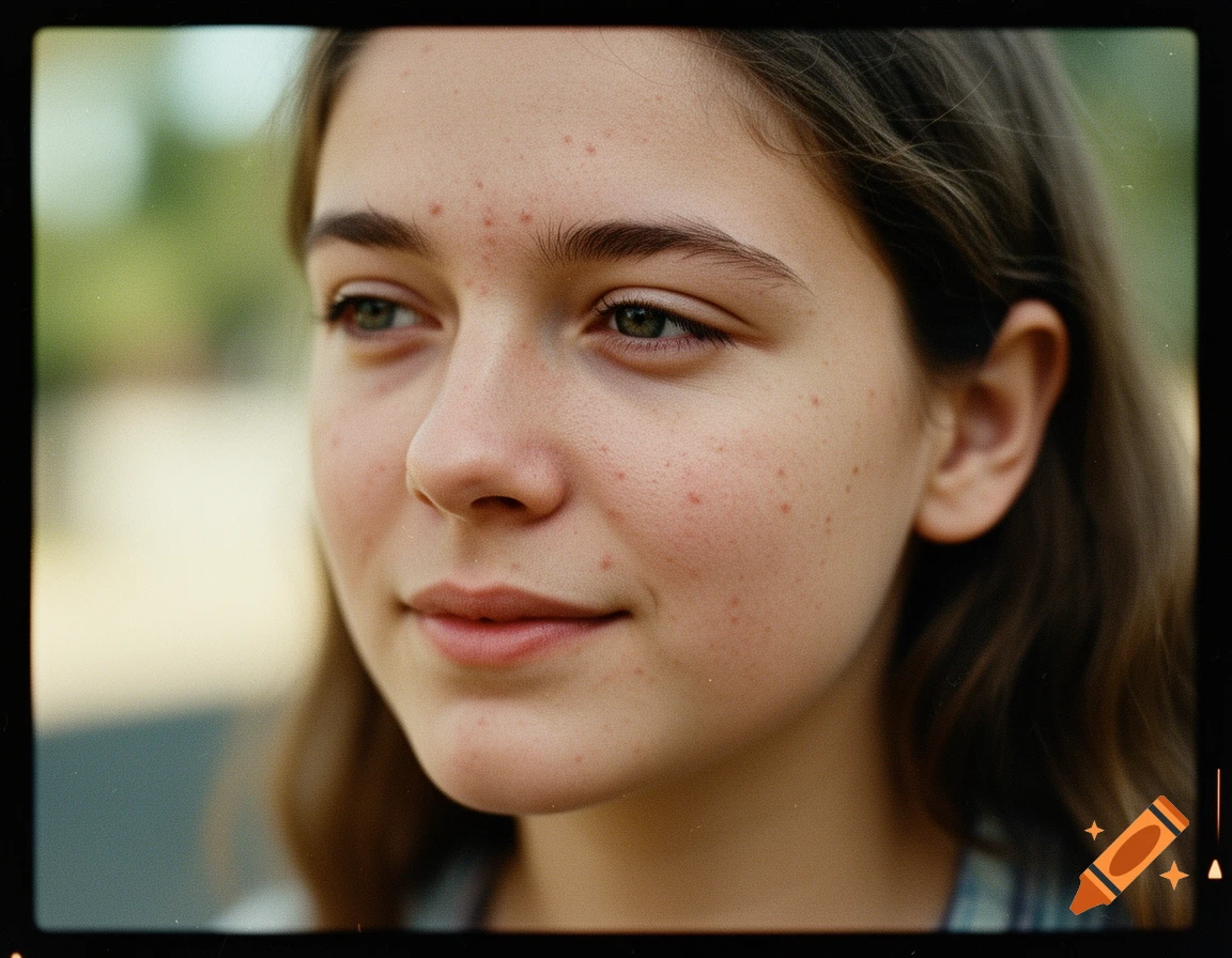 Close-up film portrait of a young woman with visible skin imperfections looking left.