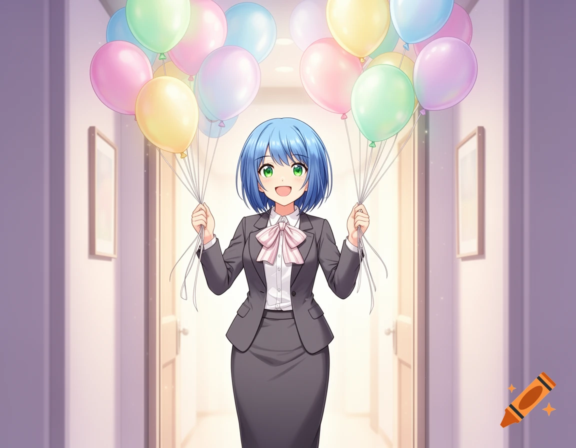 A happy anime woman in a secretary suit stands in a doorway, holding a large bunch of colorful balloons.