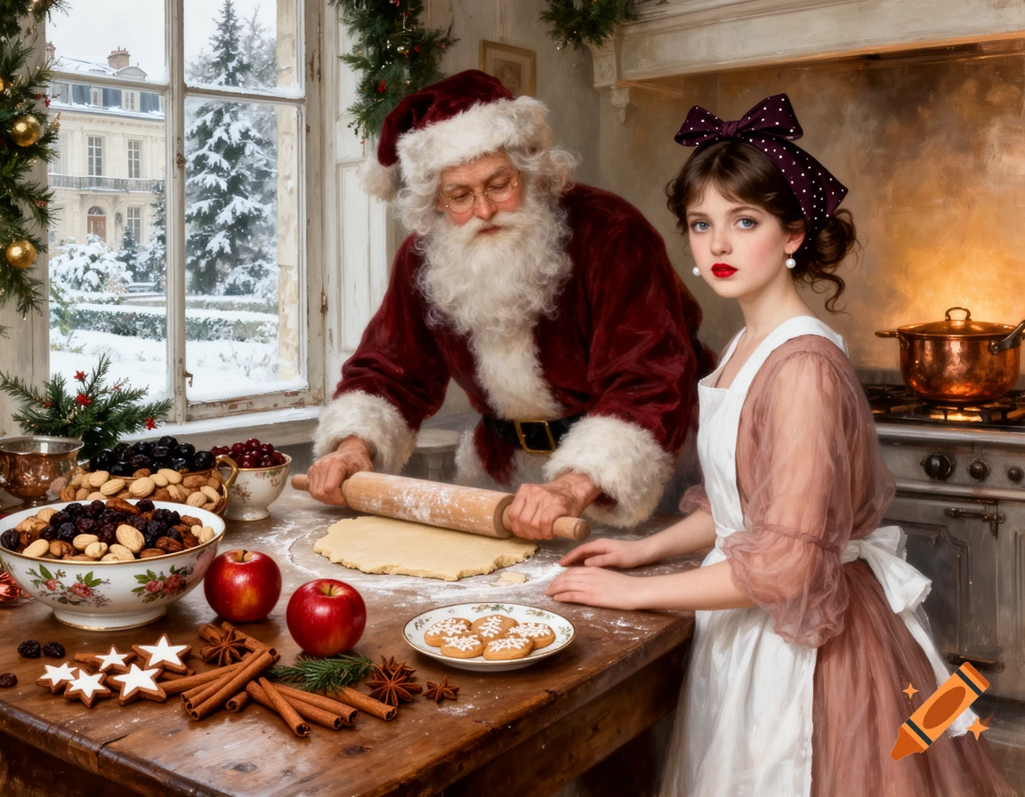 Santa Claus and a young woman bake Christmas cookies in a Victorian kitchen with a snowy garden outside, in an oil painting style.