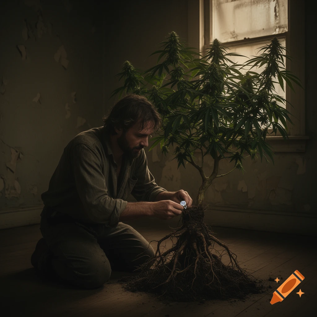 A man kneels in a dark, disheveled room, placing a diamond engagement ring on the exposed roots of a cannabis plant.