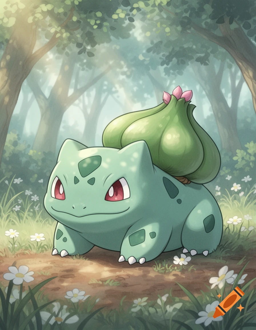 A cute Bulbasaur with a bulb on its back stands in a sunlit forest grove surrounded by white flowers, in Sugimori style.