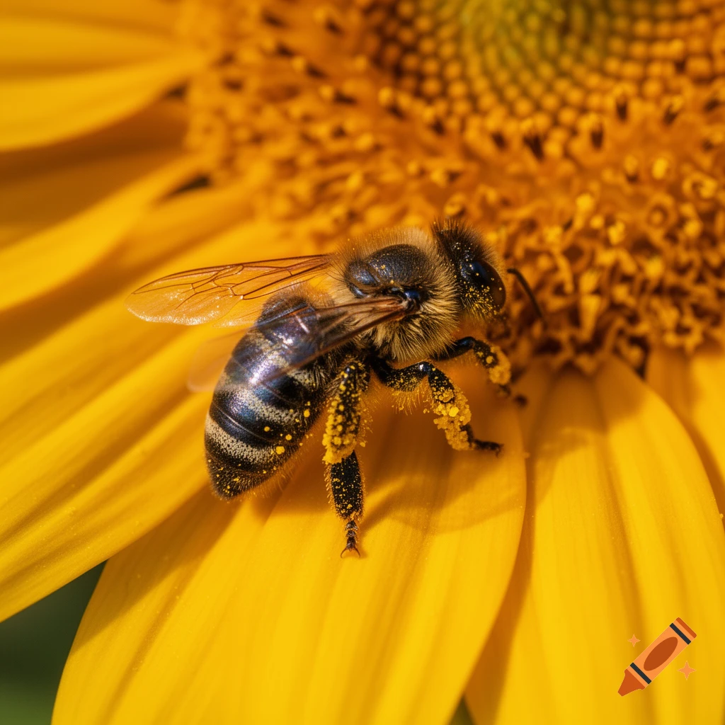 A macro, photorealistic shot of a fuzzy bee covered in yellow pollen, resting on a bright yellow sunflower petal.