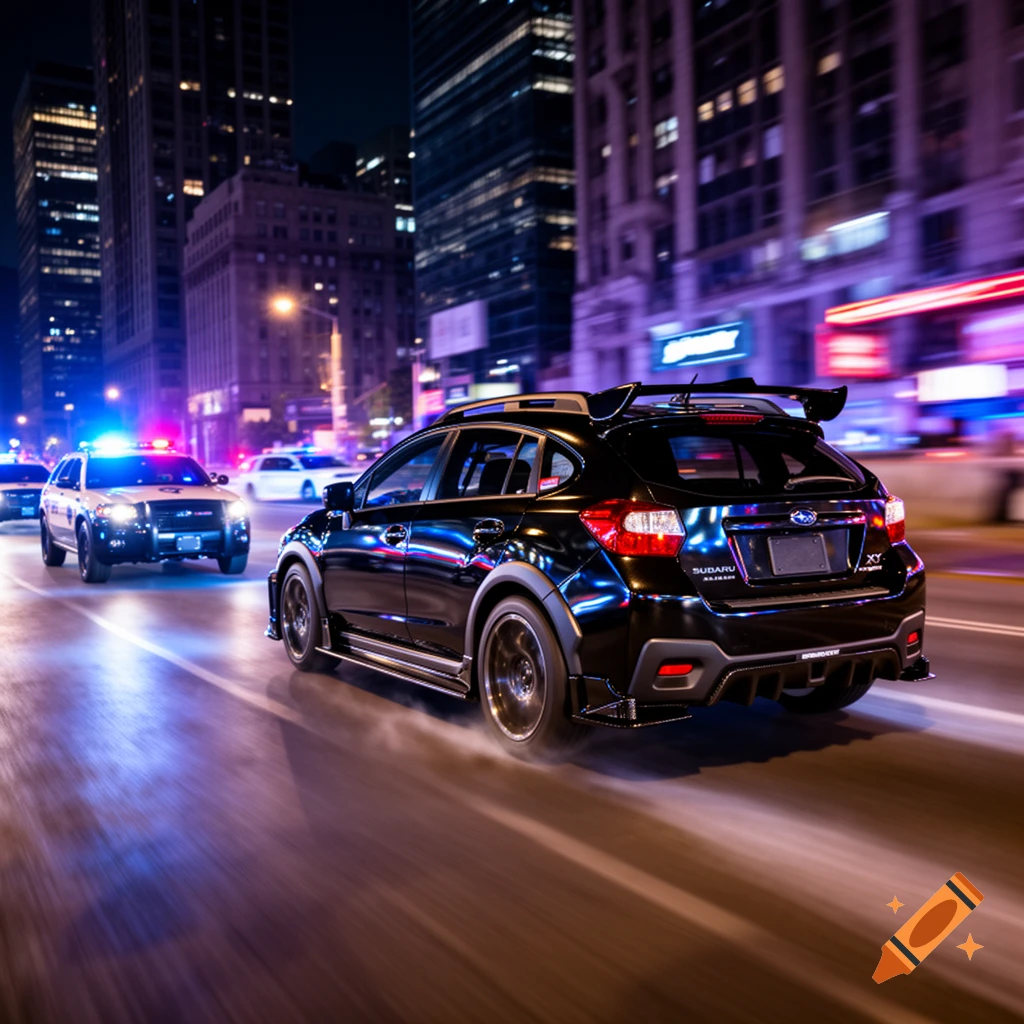 A black Subaru driving away from a police car with flashing lights on a city street at night, depicted with motion blur.