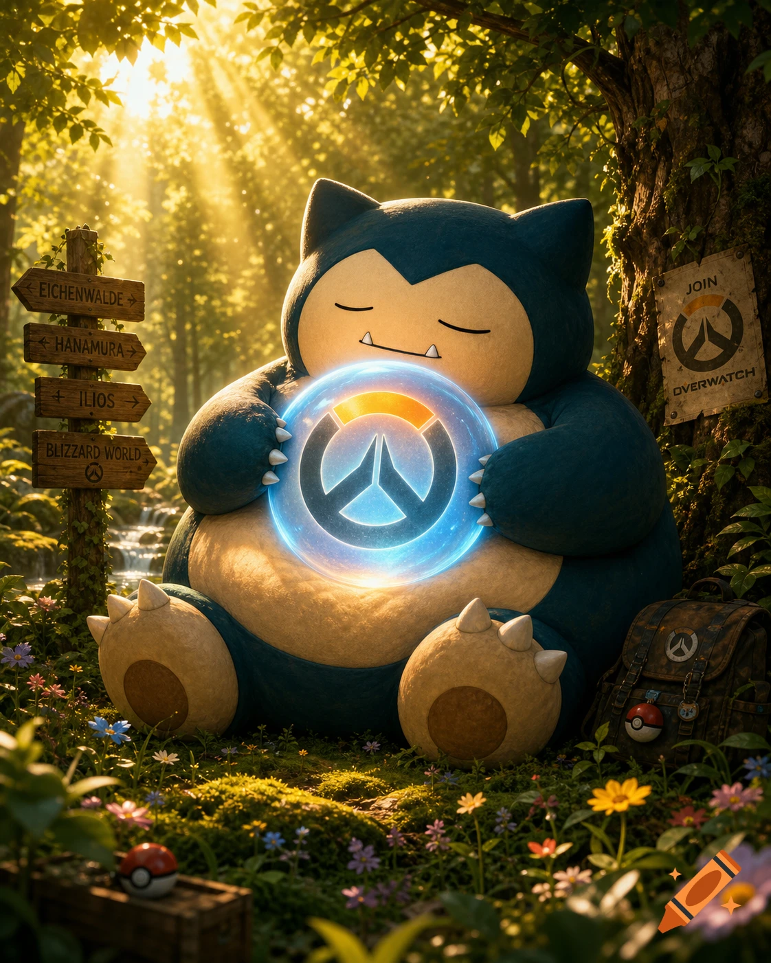 Snorlax holds a glowing Overwatch logo in a sunlit, lush forest, with wooden signs pointing to game maps. Photorealistic.