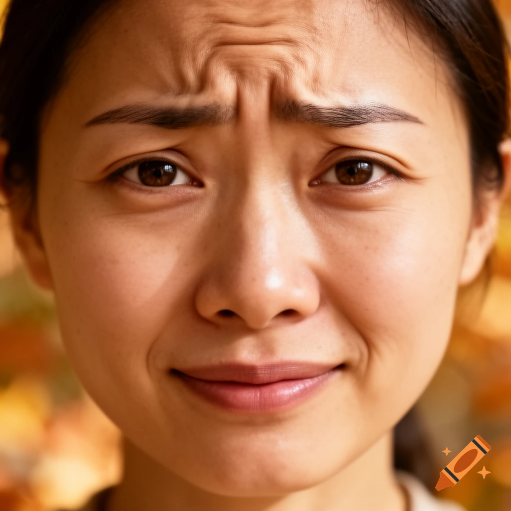 Close-up portrait of an Asian woman with a distressed expression, furrowed brow, and slight smile lines.