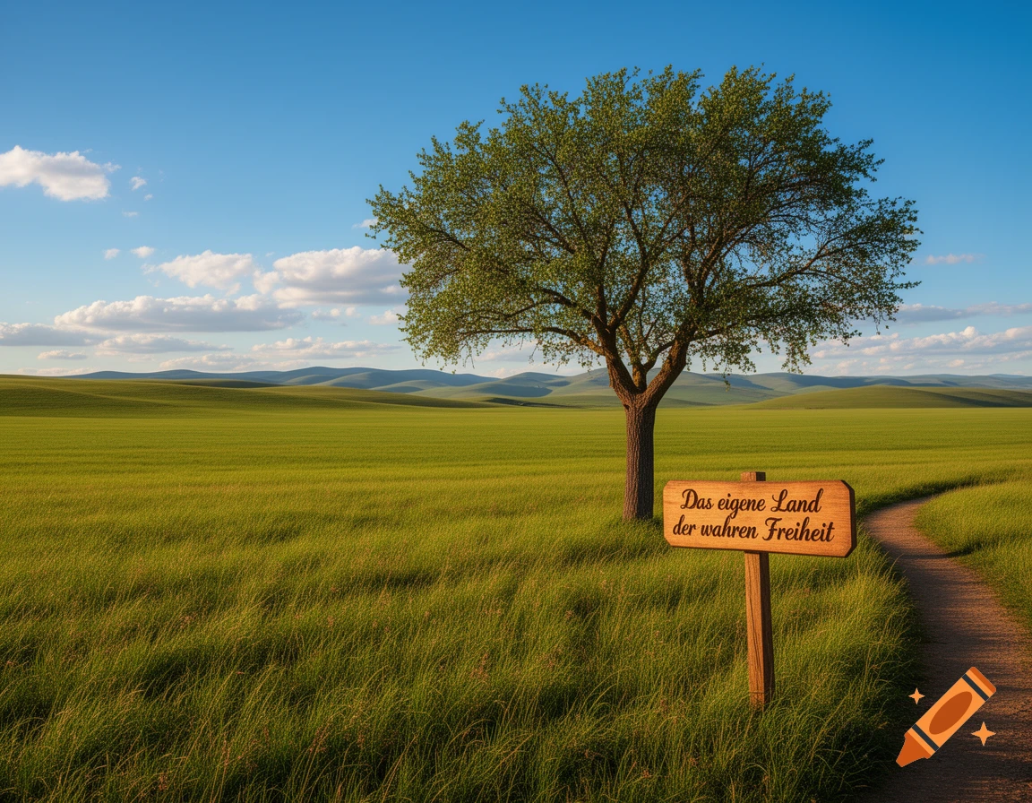 A photorealistic landscape with a single tree in a vast green field, a dirt path, and a wooden sign reading 'Das eigene Land der wahren Freiheit'.