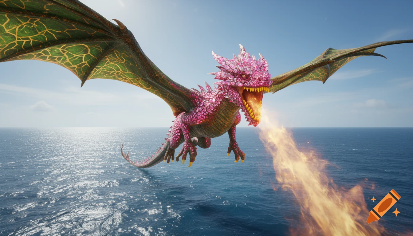 A vibrant pink sparkly dragon with green wings and yellow teeth breathes fire while flying over a sparkling blue ocean.