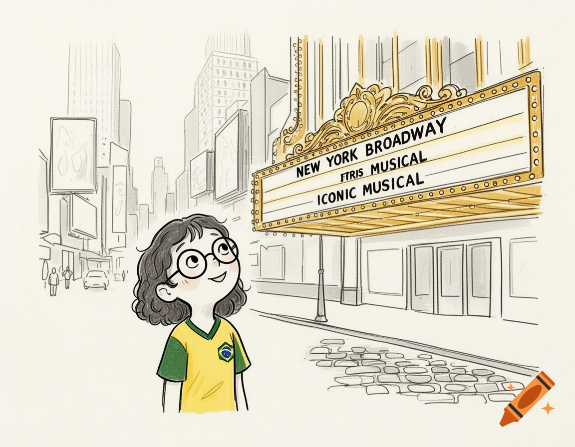 Cartoon drawing of a smiling girl with glasses and curly hair, wearing a Brazil jersey, looking up at a theater marquee in New York City.
