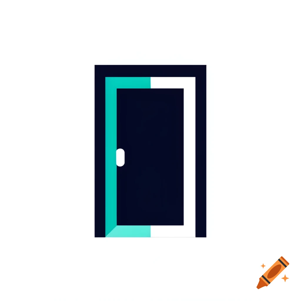 A minimalist icon of a dark blue door with a white and teal frame and a white handle on a white background.