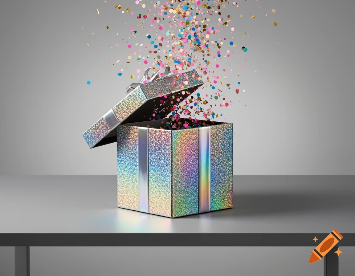 A sparkly, holographic gift box with its lid open, spilling colorful confetti onto a gray table.
