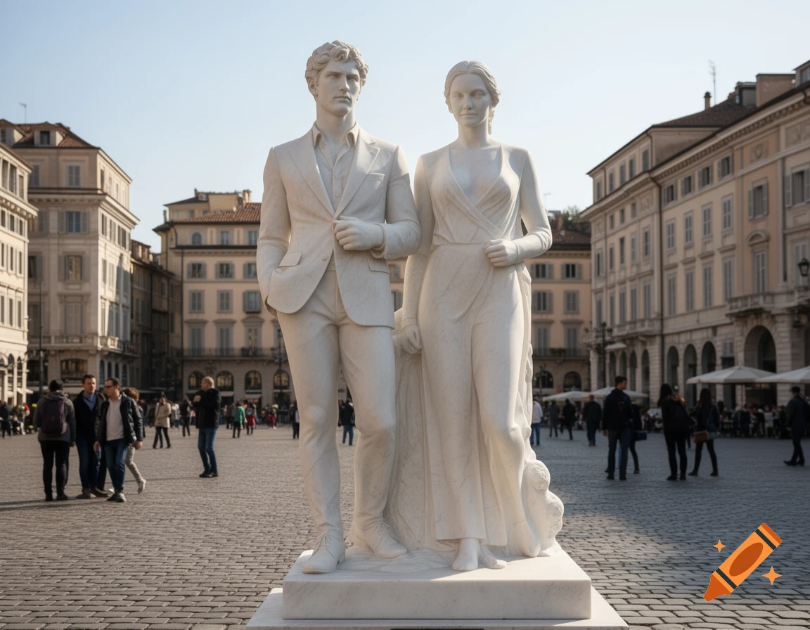 A white marble sculpture of a modern man in a suit and a modern woman in a flowing dress standing side by side in a sunny public square.