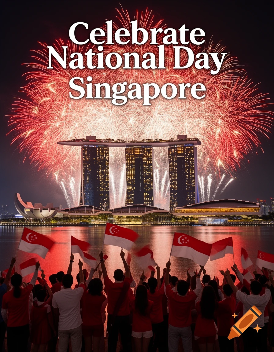 A crowd waves Singaporean flags at a night fireworks display over Marina Bay Sands with text 'Celebrate National Day Singapore'.