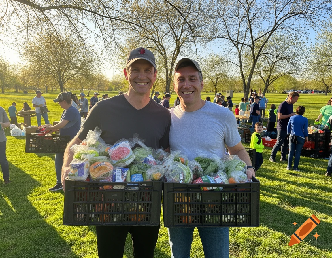 Two smiling men, one in a baseball cap, stand outdoors holding crates full of packaged produce at a community food donation event.