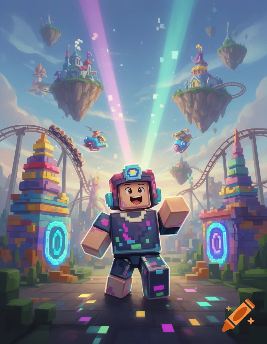 A smiling, blocky character waves in a vibrant, pixelated game world with floating islands, castles, and rollercoasters under colorful light beams.