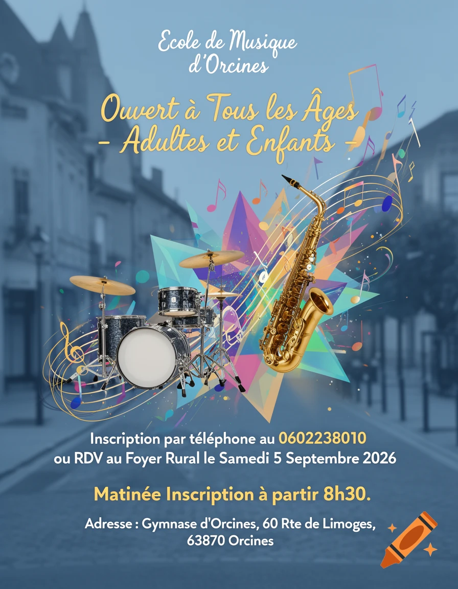 A blue promotional poster for 'Ecole de Musique d'Orcines' showing a drum kit and a saxophone with musical notes, announcing open registration for all ages, with contact details and address.