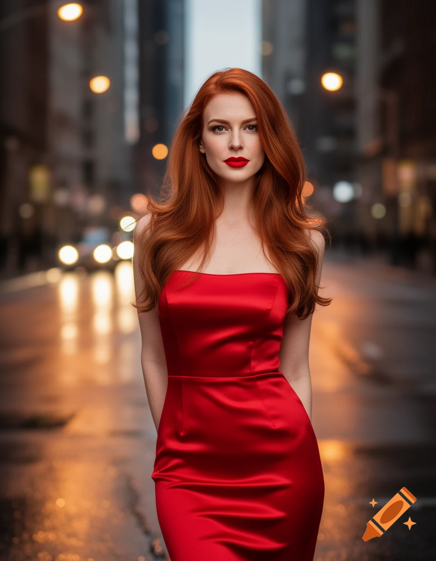 A woman with long red hair and red lipstick wears a strapless red satin dress, standing on a city street at night with blurred lights.