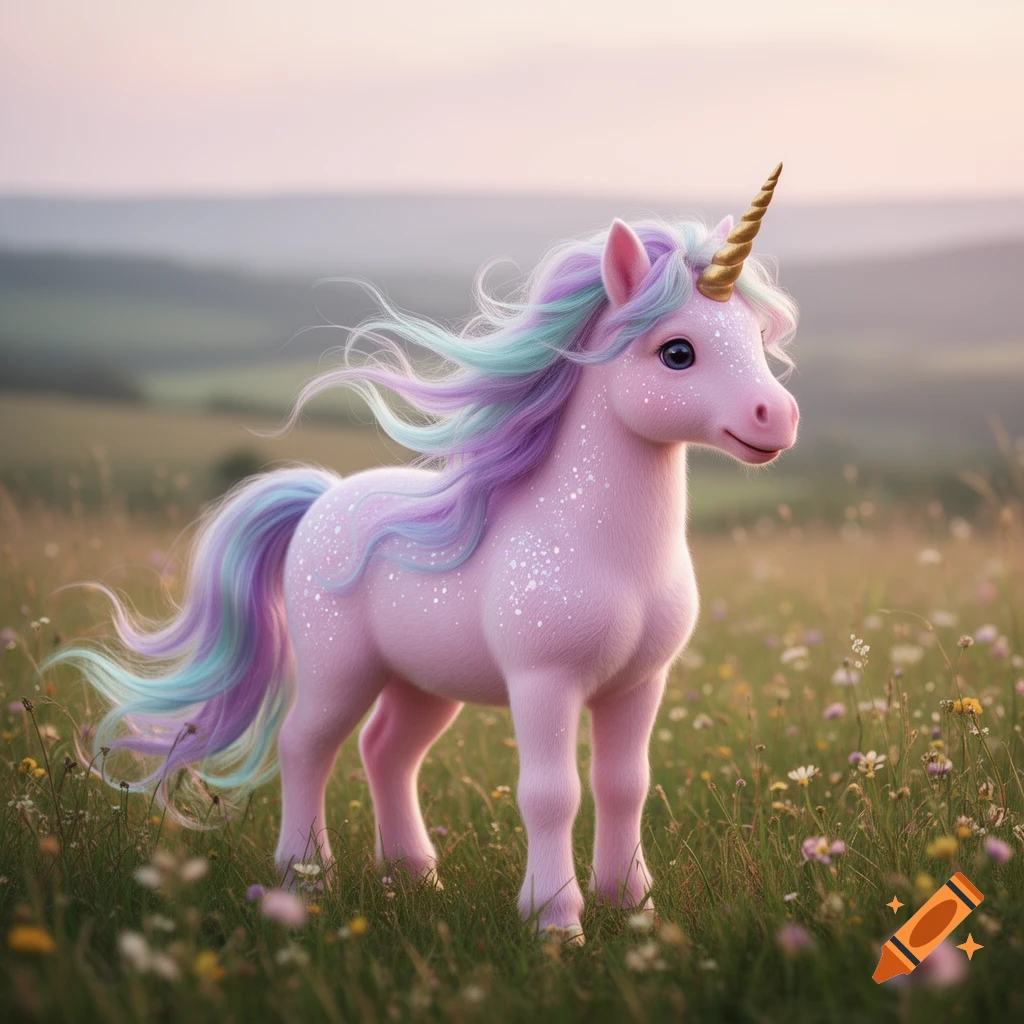 A cute sparkly pink unicorn with a gold horn and rainbow mane stands in a grassy field with wildflowers at dusk.