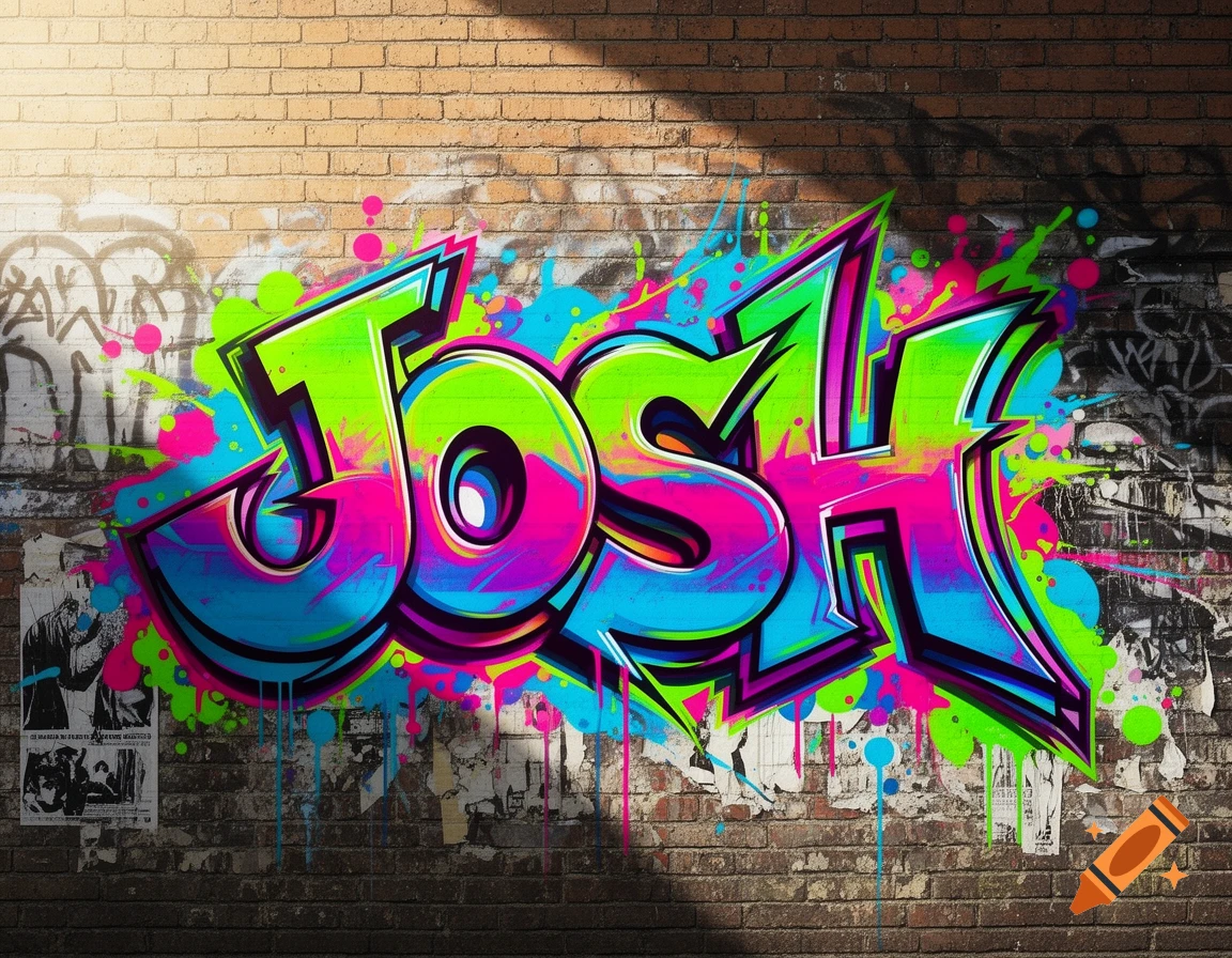Colorful graffiti art spelling 'JOSH' in neon pink, green, and blue on a brick wall.