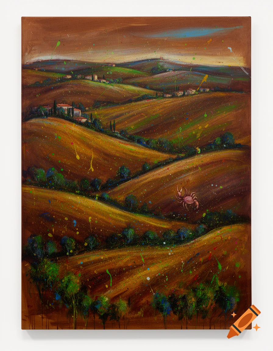 An abstract painting of a Tuscan landscape with rolling hills, scattered buildings, and a pink crab falling from the sky, featuring colorful splatters.