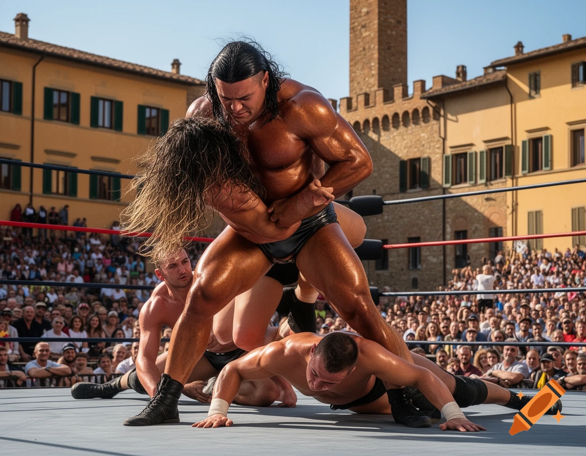 Muscular wrestlers grapple in a sunlit outdoor ring, surrounded by a large crowd in an Italian town square.