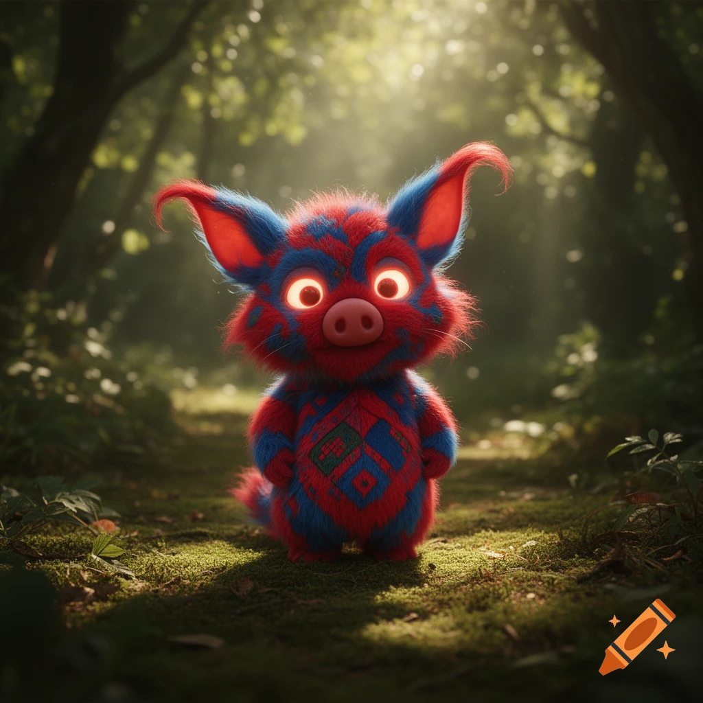 A cute, fluffy red and blue monster with glowing orange eyes and a pig nose stands on a mossy forest path in dappled sunlight.