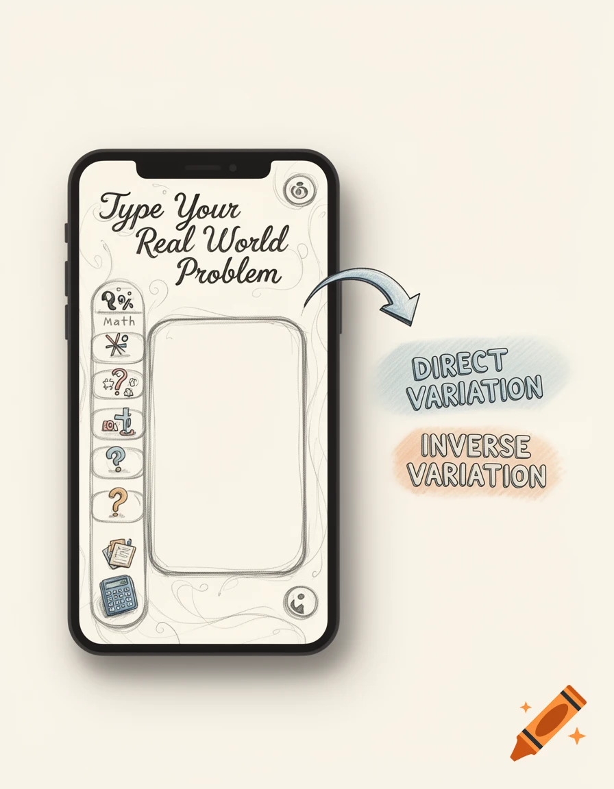 Hand-drawn app mockup on a smartphone for solving math problems, with text input and variation options.