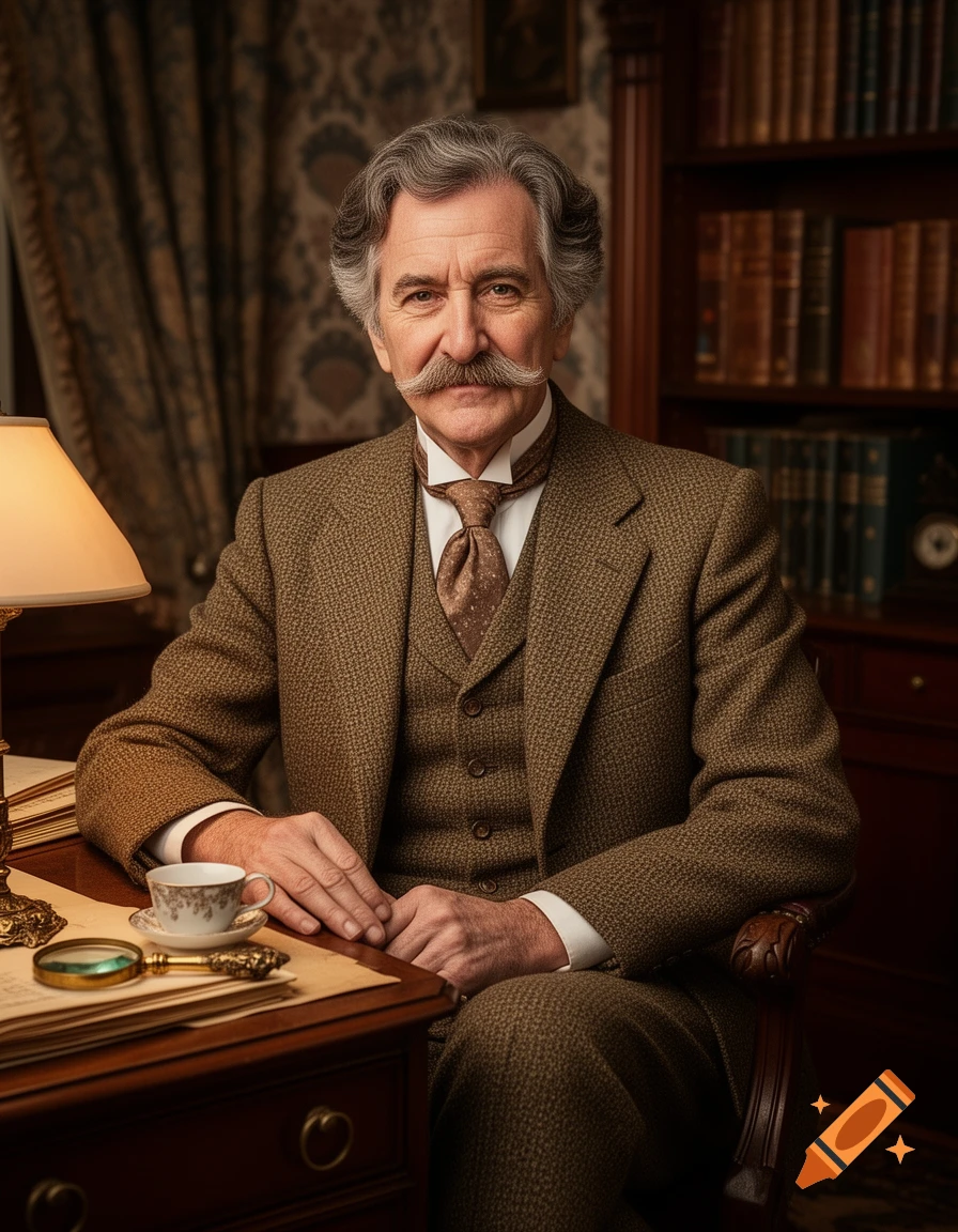 Photorealistic portrait of a distinguished man with a mustache and grey hair, in a tweed suit, sitting at a desk with books.