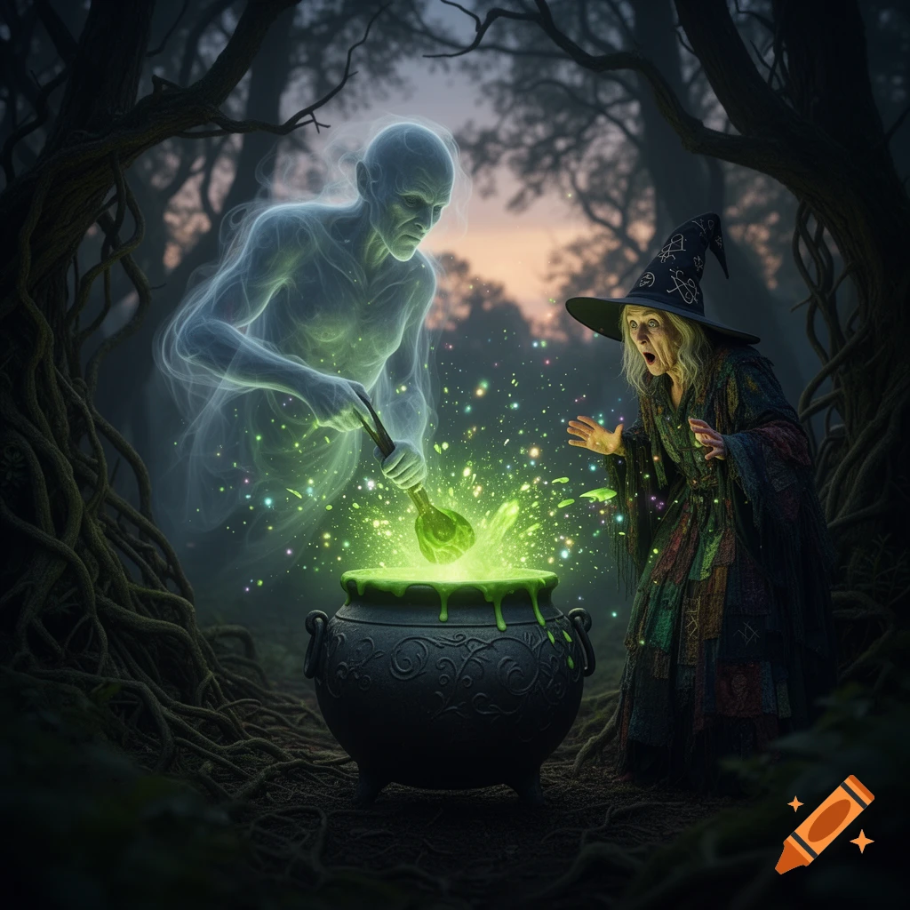 A ghostly figure stirs a glowing green substance in a cauldron as an old witch with a pointed hat looks on in horror in a dark forest.