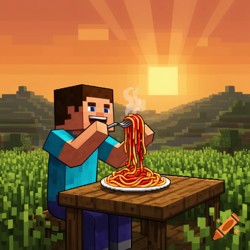 Minecraft Steve happily eats a plate of spaghetti with a fork at a wooden table in a pixel art landscape at sunset.