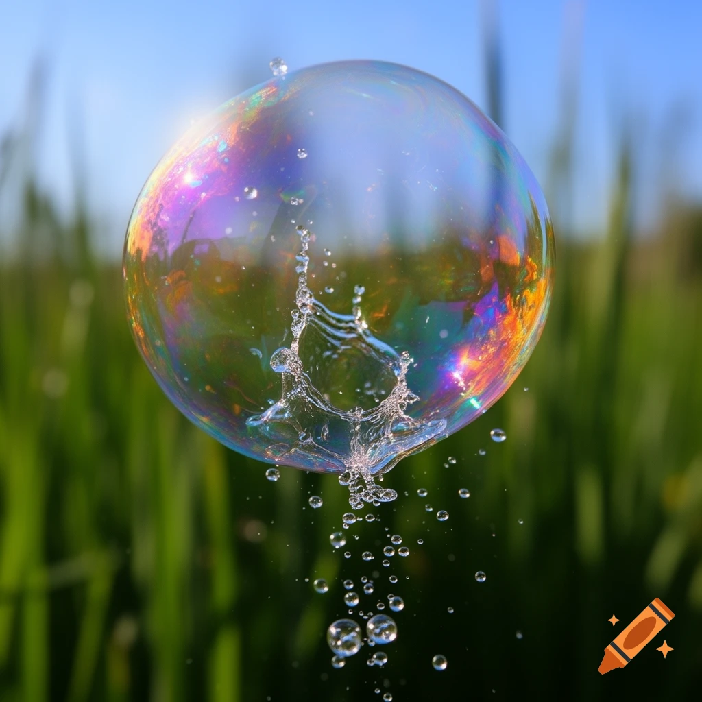 A close-up, photorealistic shot of an iridescent soap bubble bursting with water splashing downwards against a blurred green and blue background.