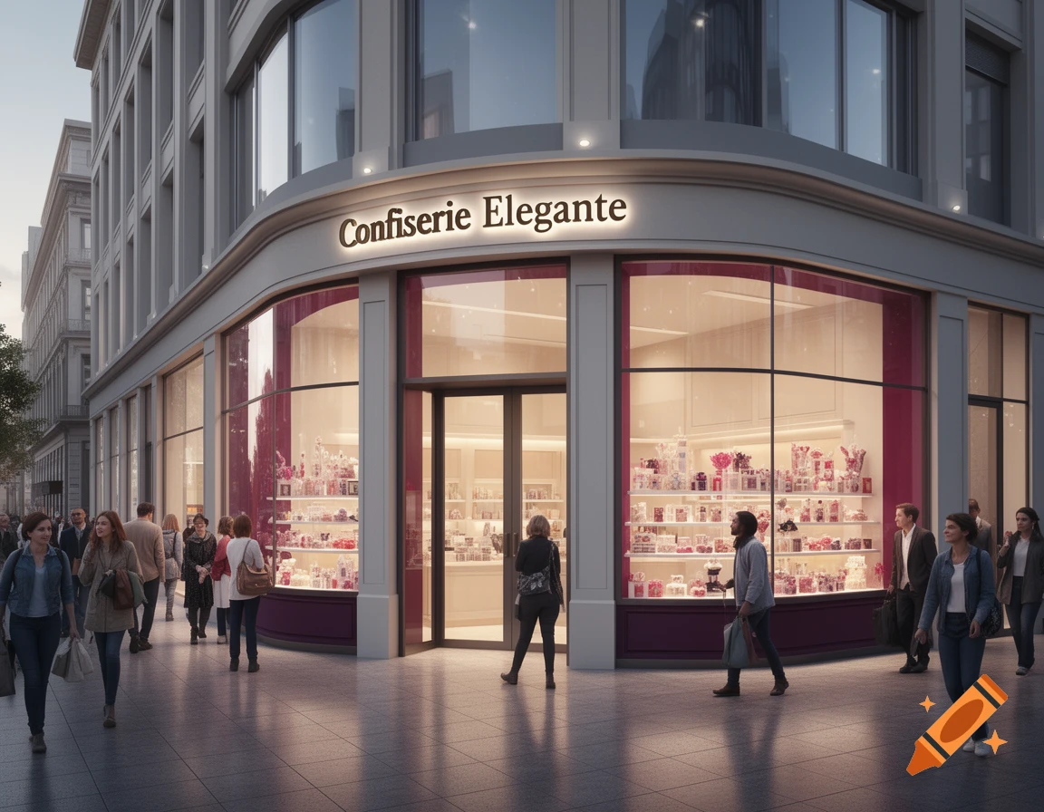 A modern confectionery shop, "Confiserie Elegante," with large glass windows displaying sweets, stands on a busy city street with pedestrians walking by.