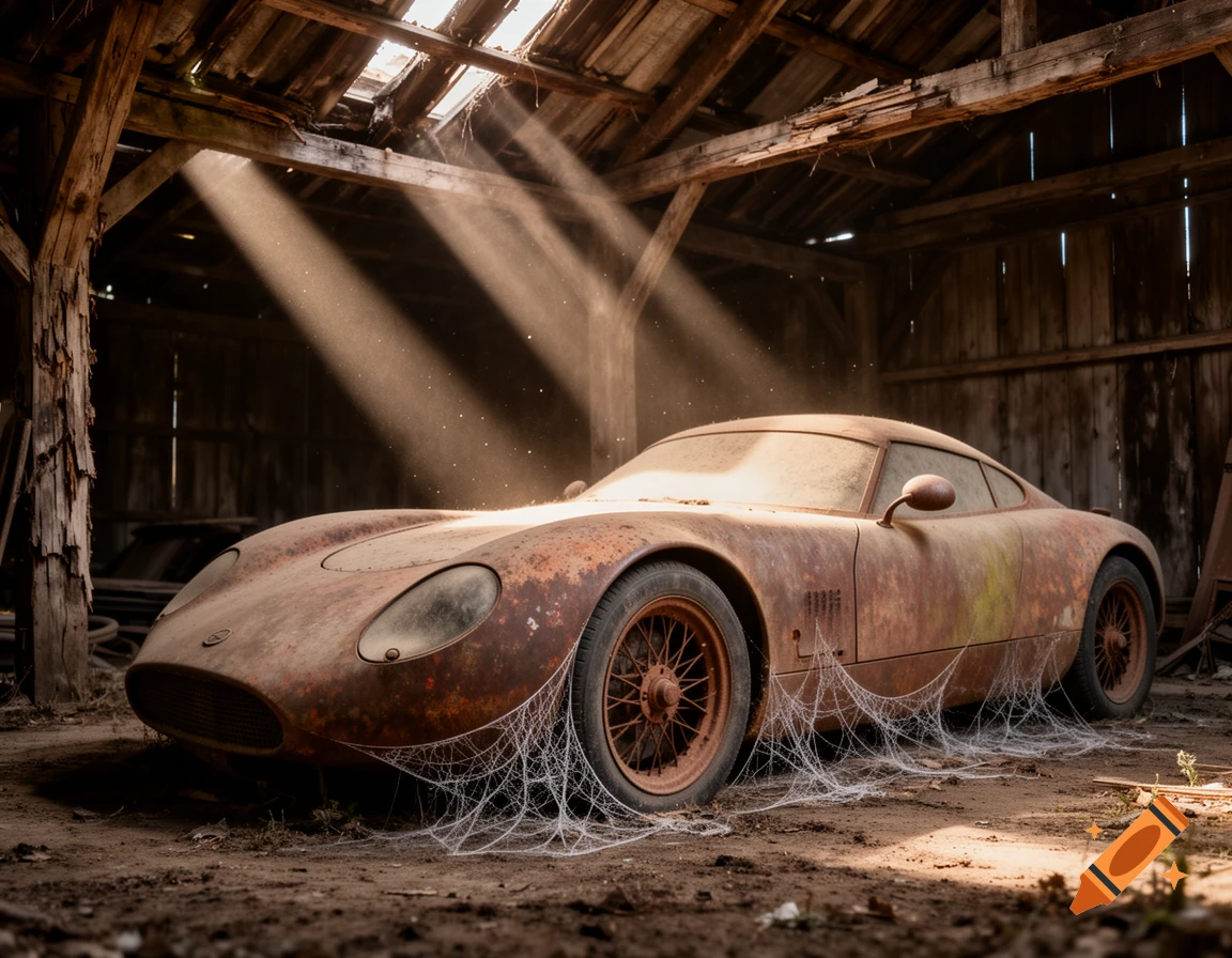 Hyper-realistic photo of a rusty, cobweb-covered vintage sports car in an abandoned wooden barn, with sunbeams shining through the roof.