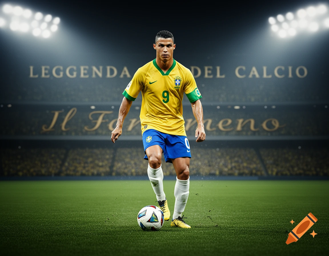 A male soccer player in a yellow and blue uniform stands with a soccer ball on a green field in a stadium under bright lights.