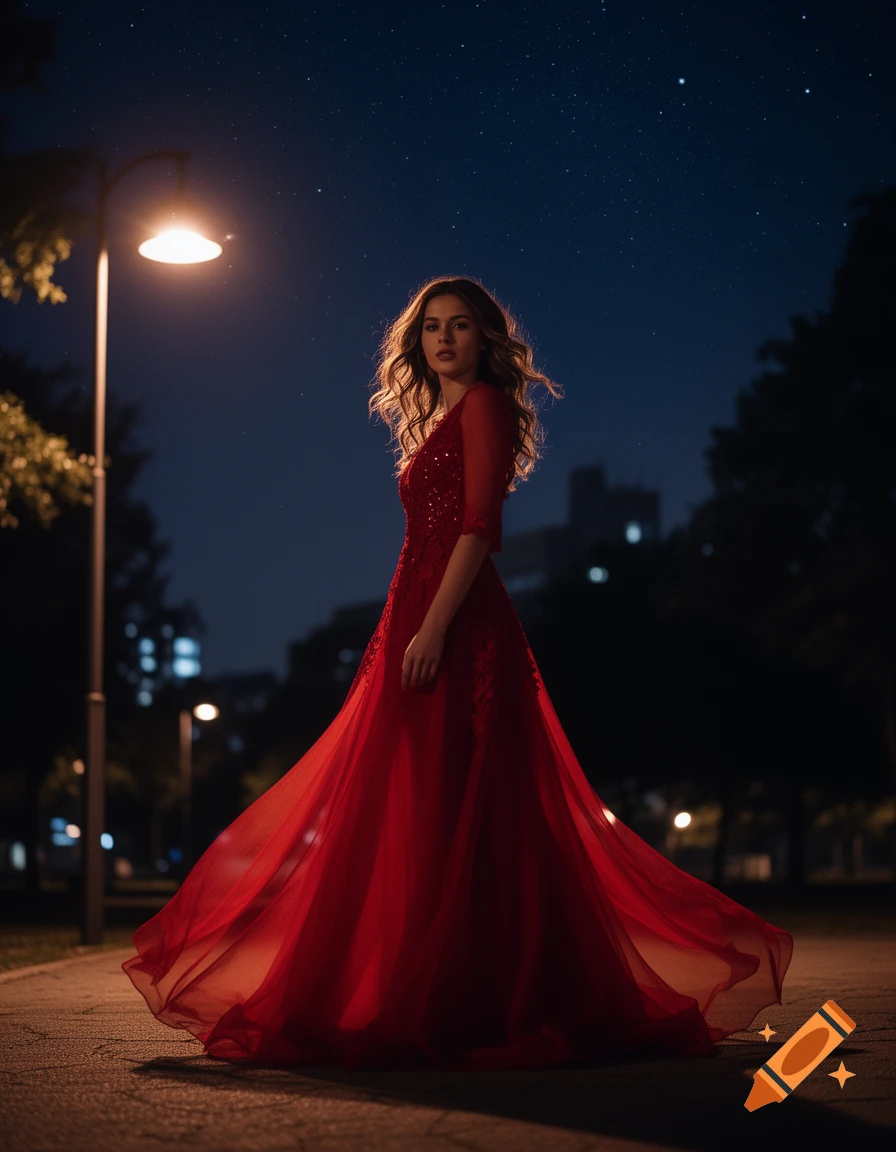 Woman in a flowing red dress stands under a street light at night with a starry sky, looking over her shoulder.