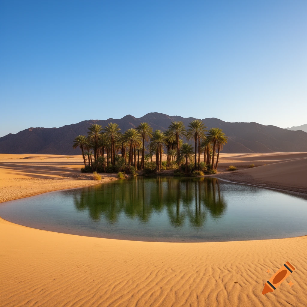 A serene desert oasis with palm trees and a tranquil pond, surrounded by golden sand dunes, with mountains under a clear blue sky.