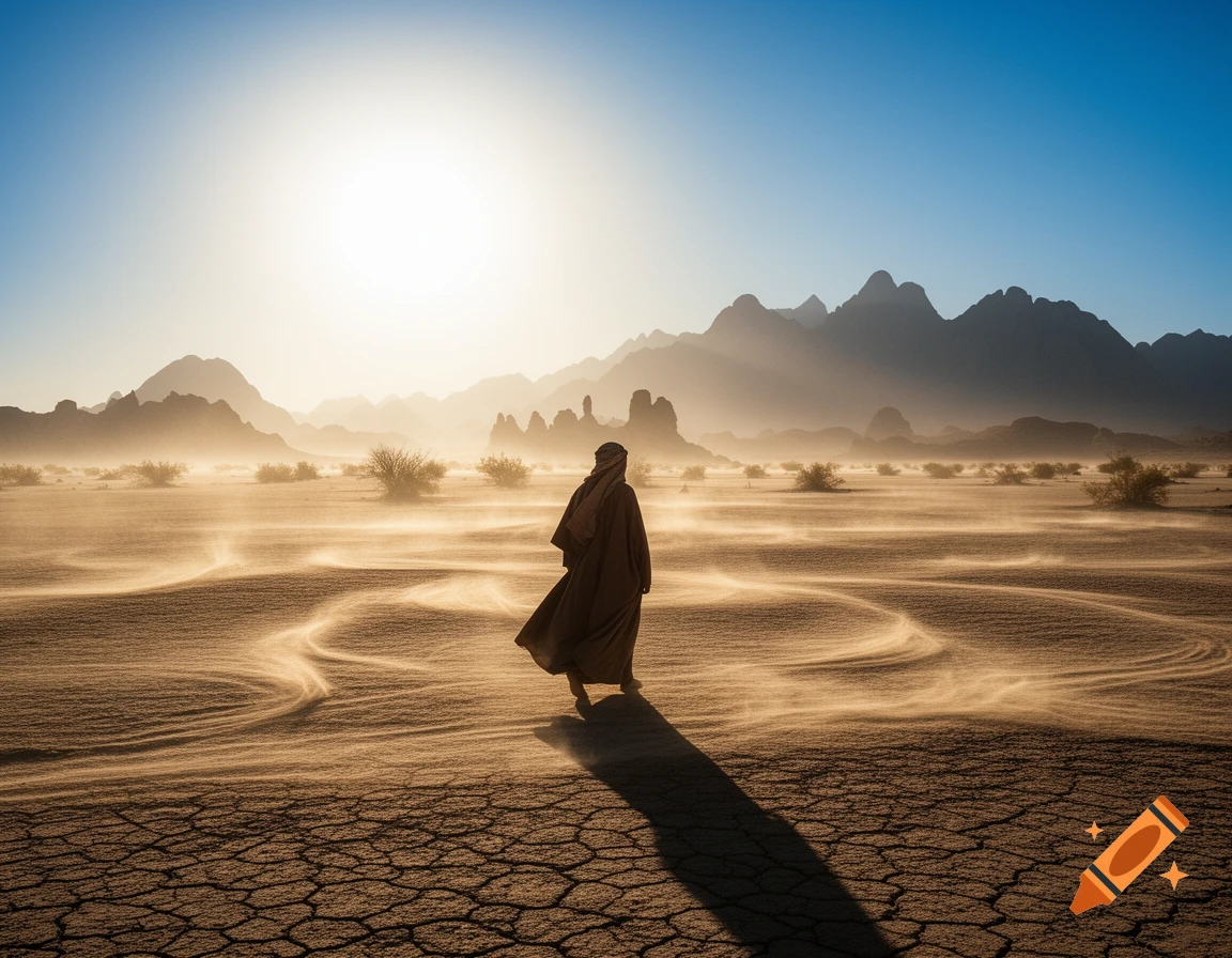 A person in flowing robes walks across a windswept desert at sunrise, with mountains in the misty background.