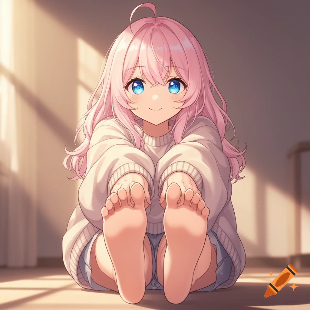 A smiling anime girl with pink hair and blue eyes, wearing a white sweater, sits on the floor presenting the soles of her feet.