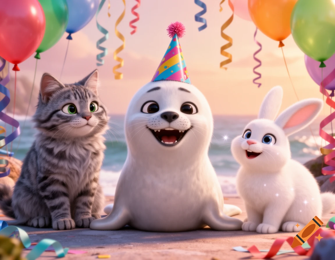 A Pixar-style harp seal pup in a party hat, a tabby cat, and a white bunny celebrate on a beach with balloons and streamers at sunset.