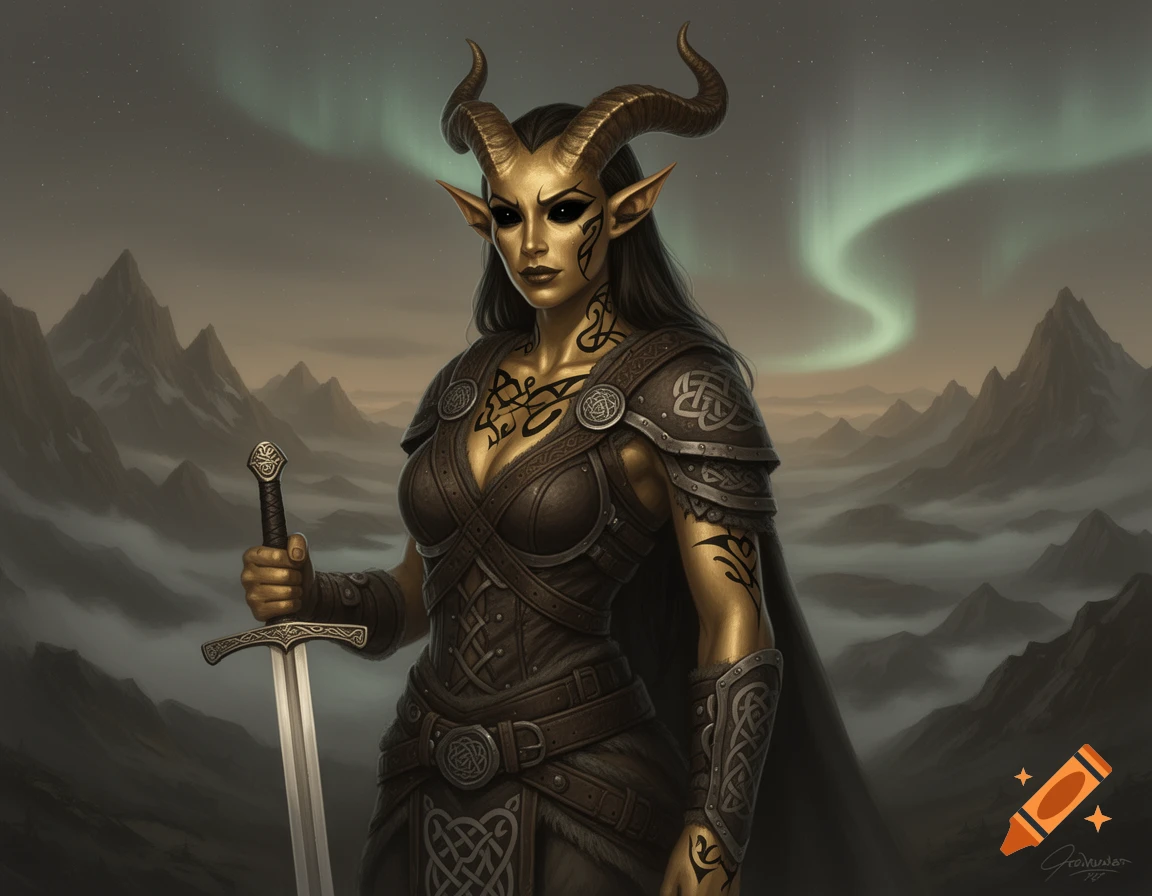 Illustrated gold-skinned female tiefling with horns, black markings, and a sword, wearing viking armor in a nordic mountain landscape with aurora.