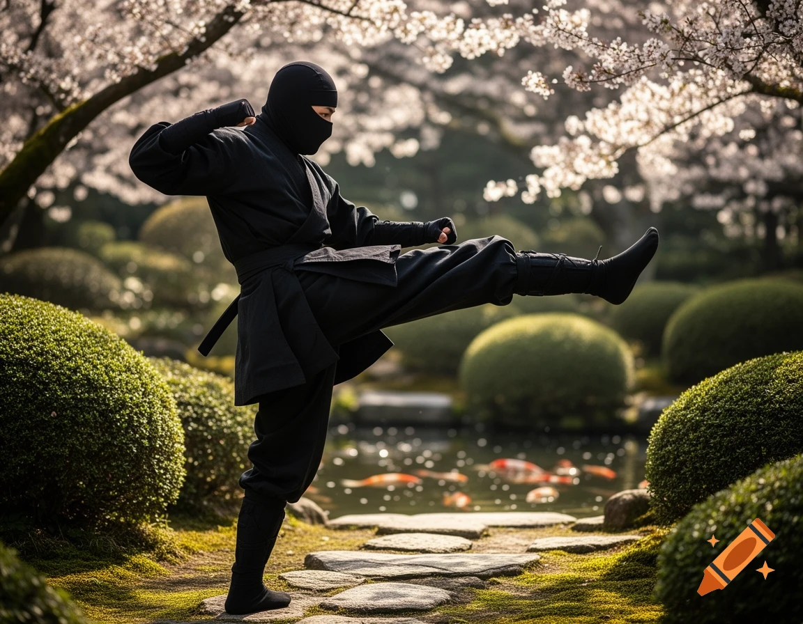 A ninja in black performs a side kick in a photorealistic Japanese garden with cherry blossoms and a koi pond.