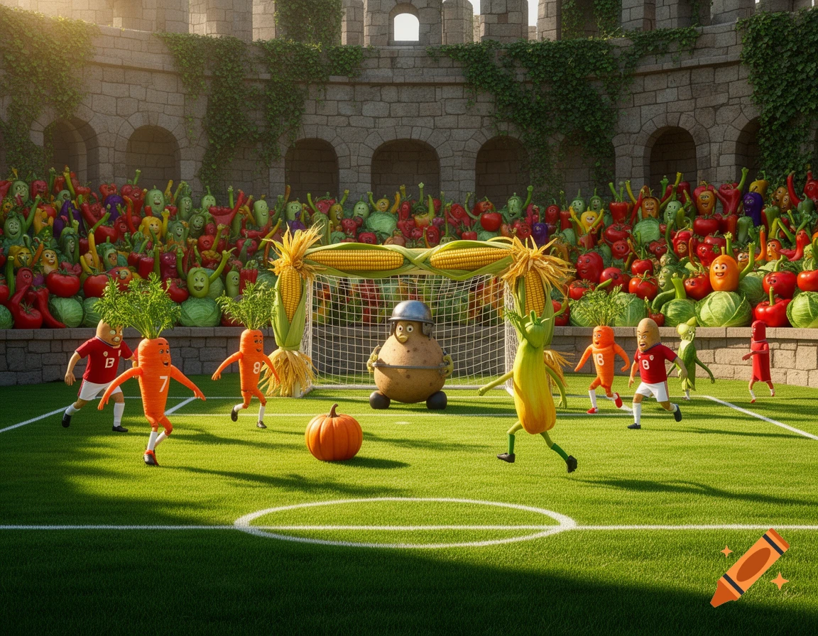Anthropomorphic vegetables play soccer on a green field in front of a castle, with vegetable spectators.