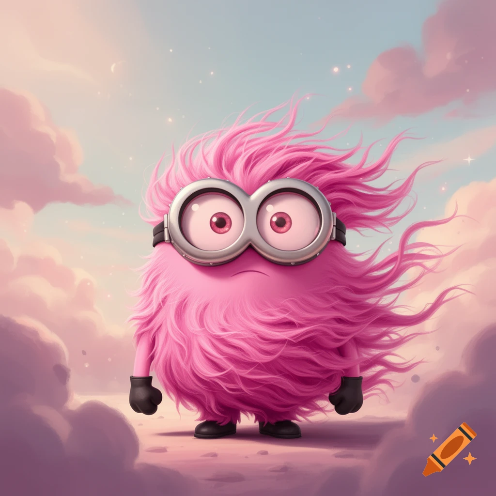 A fluffy pink Minion-like creature with large goggles stands on a pink cloudy surface under a pastel sky.