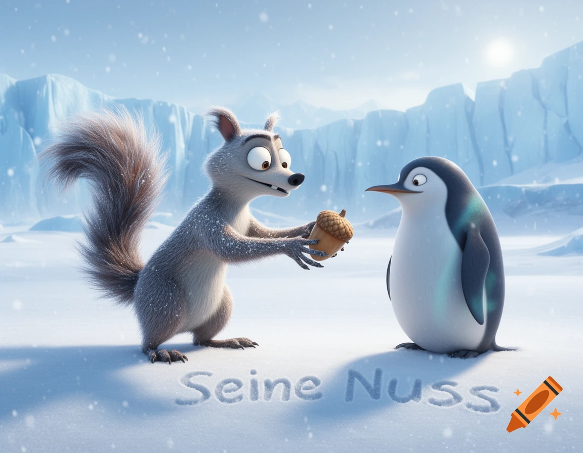 A cartoon squirrel resembling Scrat offers an acorn to a penguin in a snowy landscape, with 'Seine Nuss' in the snow.
